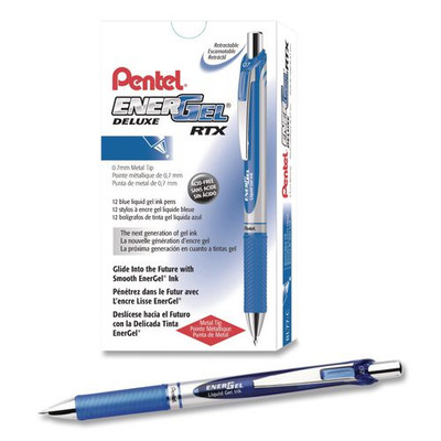 EnerGel RTX Deluxe Gel Pen, Retractable, Medium 0.7 mm, Blue Ink, Silver/Blue Barrel, Dozen