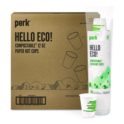 Eco-ID Compostable Paper Hot Cups, 12 oz, White/Green, 500/Carton