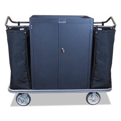 Housekeeping Cart with Locking Doors, Plastic, 4 Shelves, 2 Bins, 55" x 47" x 47", Black