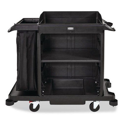 Compact Housekeeping Cart?, Plastic, 3 Shelves 1 Bin, 23 x 53.12 x 19.1, Black