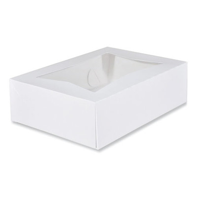 White Window Bakery Boxes with Attached Flip Top, 4-Corner Beers Design, 14 x 10 x 4, White, Paper, 100/Carton