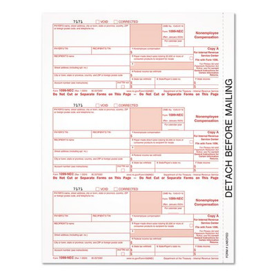 2024 1099-NEC Copy A Laser/Inkjet Tax Forms, 8.5 x 11.5, 3 Forms/Page, 150 Forms/Sheet