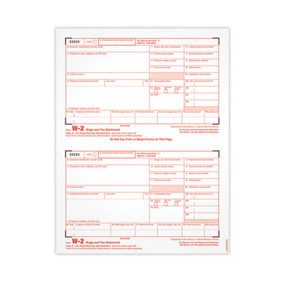 Single-Part W-2 Tax Form, Copy A, Fiscal Year: 2021, One-Part (No Copies), 8.5 x 5.5, 2 Forms/Sheet, 100 Forms Total