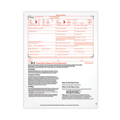 W-3 Tax Form, Fiscal Year: 2021, One-Part (No Copies), 8.5 x 11, 25 Forms Total