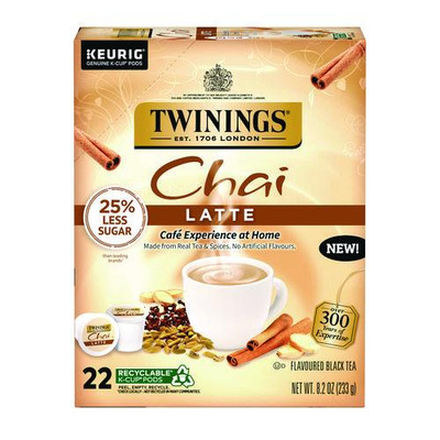 Tea K-Cups, Chai Tea with Non-Fat Milk and Sweetener, 25% Less Sugar, 0.53 oz K-Cups, 22/Box