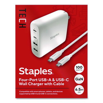 GaN USB-A/USB-C Wall Charger with Cable, 100 W, 4 Ports, White