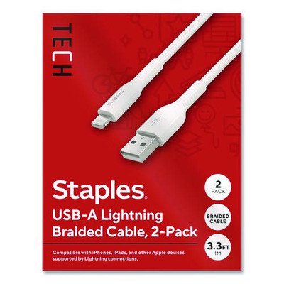 Lightning to USB-A Charging Cable, 3.3 ft, White, 2/Pack