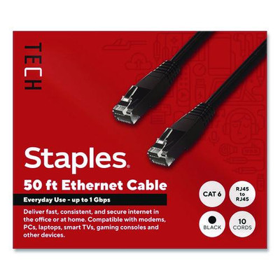CAT6 Ethernet Cable, 50 ft, Black, 10/Pack