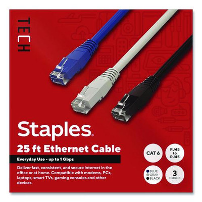 CAT6 Ethernet Cable, 25 ft, Assorted Colors, 3/Pack