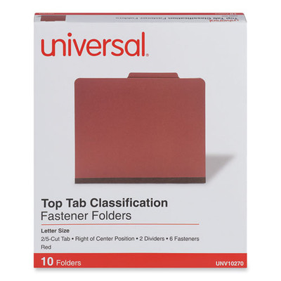 Six--section Pressboard Classification Folders, 2 Dividers, Letter Size, Red, 10/box