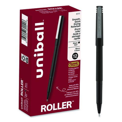 Roller Ball Pen, Stick, Micro 0.5 Mm, Black Ink, Black Matte Barrel, Dozen