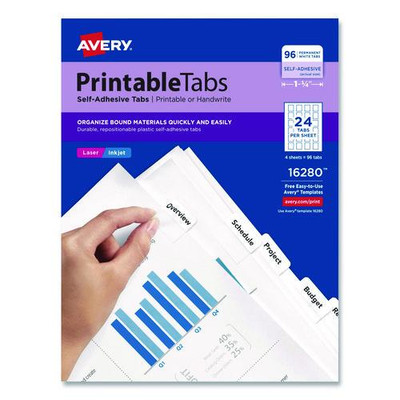 Printable Plastic Tabs With Repositionable Adhesive, 1/5-cut Tabs, White, 1.25" Wide, 96/pack