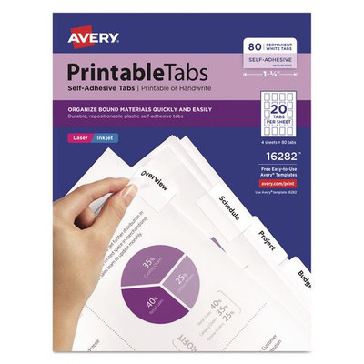 Printable Plastic Tabs With Repositionable Adhesive, 1/5-cut Tabs, White, 1.75" Wide, 80/pack