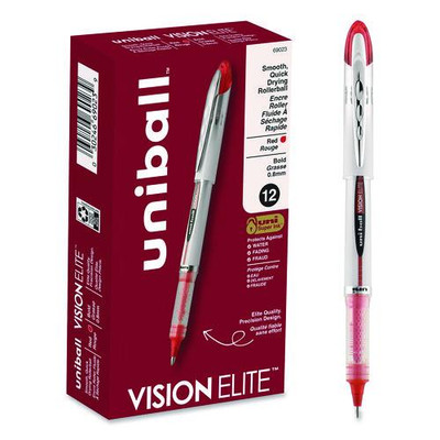 Vision Elite Roller Ball Pen, Stick, Bold 0.8 Mm, Red Ink, White/red Barrel