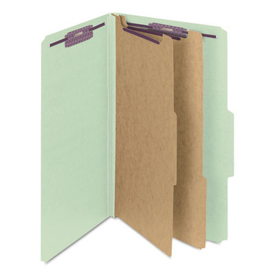 Pressboard Classification Folders With Safeshield Coated Fasteners, 2/5 Cut, 2 Dividers, Legal Size, Gray-green, 10/box