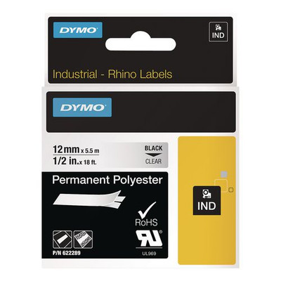 Rhino Permanent Vinyl Industrial Label Tape, 0.5" X 18 Ft, Clear/black Print