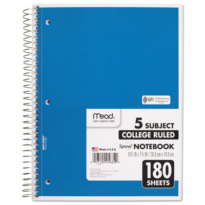 Spiral Notebook, 5 Subject, Medium/college Rule, Randomly Assorted Covers, 10.5 X 8, 180 Sheets