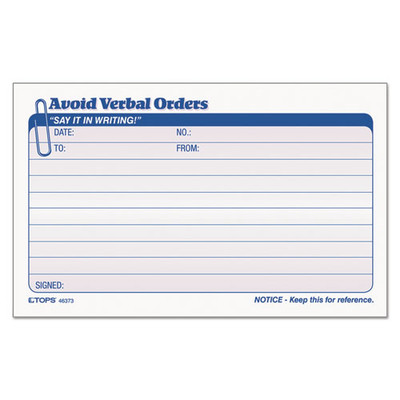 Avoid Verbal Orders Manifold Book, Two-part Carbonless, 6.25 X 4.25, 1/page, 50 Forms