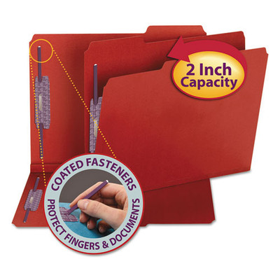 Colored Pressboard Fastener Folders With Safeshield Coated Fasteners, 2 Fasteners, Letter Size, Bright Red Exterior, 25/box