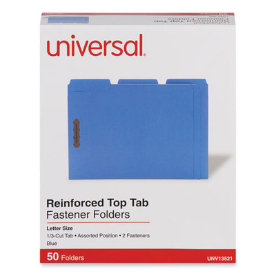 Deluxe Reinforced Top Tab Fastener Folders, 2 Fasteners, Letter Size, Blue Exterior, 50/box