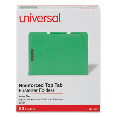 Deluxe Reinforced Top Tab Fastener Folders, 2 Fasteners, Letter Size, Green Exterior, 50/box