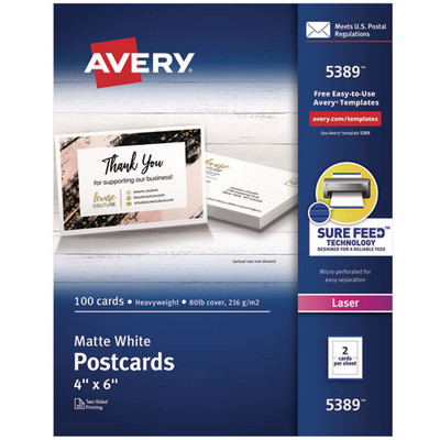 Printable Postcards, Laser, 80 Lb, 4 X 6, Uncoated White, 100 Cards, 2/cards/sheet, 50 Sheets/box
