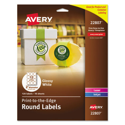 Round Print-to-the Edge Labels With Sure Feed And Easy Peel, 2" Dia, Glossy White, 120/pk Round Print-to-the Edge Labels With Sure Feed And Easy Peel, 2" Dia, Glossy White, 120/pk