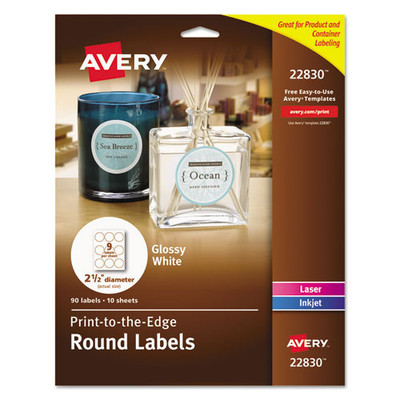 Round Print-to-the Edge Labels With Surefeed, 2.5" Dia, Glossy White, 90/pk Round Print-to-the Edge Labels With Surefeed, 2.5" Dia, Glossy White, 90/pk