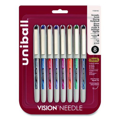 Vision Needle Roller Ball Pen, Stick, Fine 0.7 Mm, Assorted Ink Colors, Silver Barrel, 8/pack
