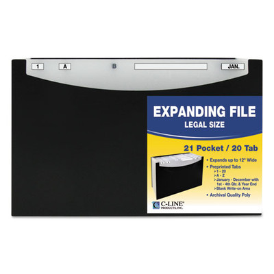 21-pocket Stand-up Design Expanding File, 12" Expansion, 21 Sections, 1/21-cut Tab, Legal Size, Black