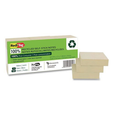 100% Recycled Self-stick Notes, 1.5" X 2", Yellow, 100 Sheets/pad, 12 Pads/pack