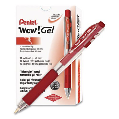 Wow! Gel Pen, Retractable, Medium 0.7 Mm, Red Ink, Clear/red Barrel, Dozen