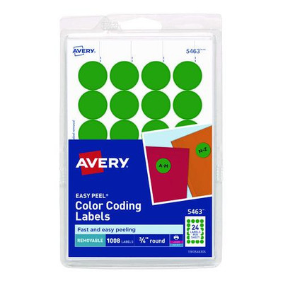 Printable Self-adhesive Removable Color-coding Labels, 0.75" Dia., Green, 24/sheet, 42 Sheets/pack, (5463)