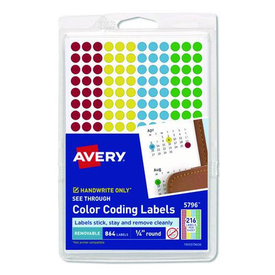 Handwrite-only Self-adhesive "see Through" Removable Round Color Dots, 0.25" Dia., Assorted, 216/sheet, 4 Sheets/pack, (5796)