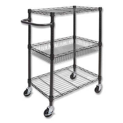 Three-tier Wire Cart With Basket, 28w X 16d X 39h, Black Anthracite