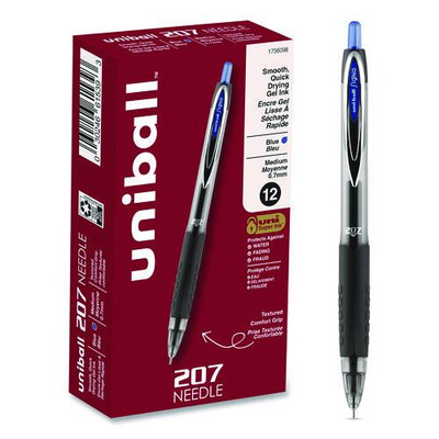 Signo 207 Needle Point Gel Pen, Retractable, Medium 0.7 Mm, Blue Ink, Black Barrel, Dozen
