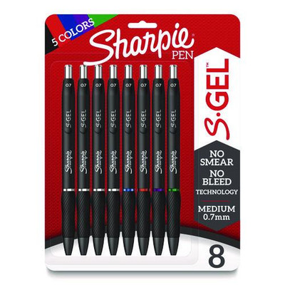 S-gel High-performance Gel Pen, Retractable, Medium 0.7 Mm, Five Assorted Ink Colors, Black Barrel, 8/pack