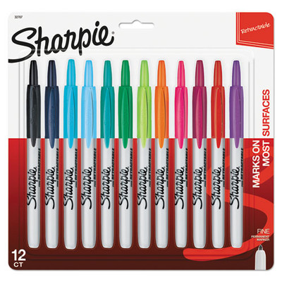 Retractable Permanent Marker, Fine Bullet Tip, Assorted Colors, 12/set Retractable Permanent Marker, Fine Bullet Tip, Assorted Colors, 12/set