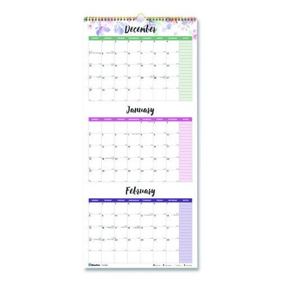3-month Wall Calendar, Floral Artwork, 12.25 X 27, White/multicolor Sheets, 12-month (jan To Dec): 2022