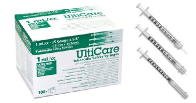 Tuberculin Syringe with Needle UltiCare™ 1 mL 25 Gauge 1 Inch Attached Needle Sliding Safety Needle Tuberculin Syringe with Needle UltiCare™ 1 mL 25 Gauge 1 Inch Attached Needle Sliding Safety Needle
