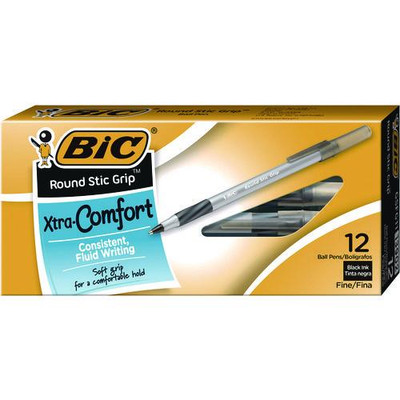Round Stic Grip Xtra Comfort Ballpoint Pen, Stick, Fine 0.8 Mm, Black Ink, Gray/black Barrel, Dozen