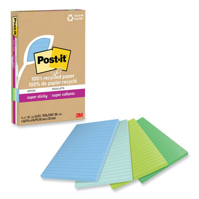 100% Recycled Paper Super Sticky Notes, Ruled, 4" X 6", Oasis, 45 Sheets/pad, 4 Pads/pack 100% Recycled Paper Super Sticky Notes, Ruled, 4" X 6", Oasis, 45 Sheets/pad, 4 Pads/pack