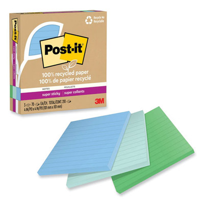 100% Recycled Paper Super Sticky Notes, Ruled, 4" X 4", Oasis, 70 Sheets/pad, 3 Pads/pack 100% Recycled Paper Super Sticky Notes, Ruled, 4" X 4", Oasis, 70 Sheets/pad, 3 Pads/pack
