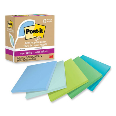 100% Recycled Paper Super Sticky Notes, 3" X 3", Oasis, 70 Sheets/pad, 5 Pads/pack 100% Recycled Paper Super Sticky Notes, 3" X 3", Oasis, 70 Sheets/pad, 5 Pads/pack