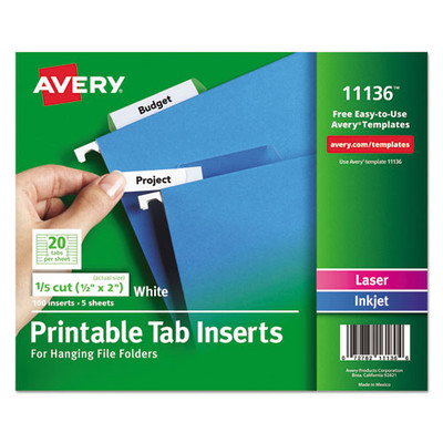 Tabs Inserts For Hanging File Folders, 1/5-cut Tabs, White, 2" Wide, 100/pack Tabs Inserts For Hanging File Folders, 1/5-cut Tabs, White, 2" Wide, 100/pack