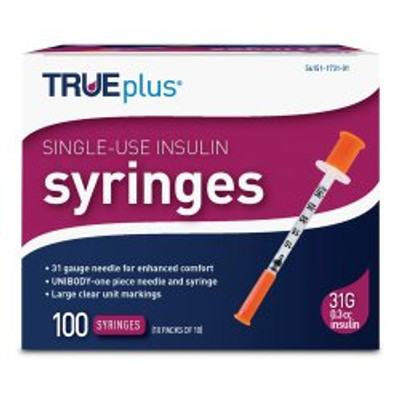 Standard Insulin Syringe with Needle TRUEplus® 0.3 mL 5/16 Inch 31 Gauge NonSafety Regular Wall Standard Insulin Syringe with Needle TRUEplus® 0.3 mL 5/16 Inch 31 Gauge NonSafety Regular Wall