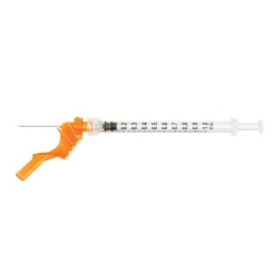 Syringe with Hypodermic Needle Engauge 1 mL 5/8 Inch 25 Gauge Hinged Safety Needle Regular Wall Syringe with Hypodermic Needle Engauge 1 mL 5/8 Inch 25 Gauge Hinged Safety Needle Regular Wall
