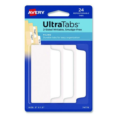 Ultra Tabs Repositionable Wide Tabs, 1/3-cut Tabs, White, 3" Wide, 24/pack