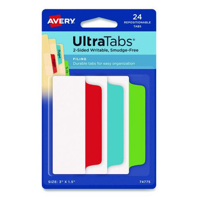 Ultra Tabs Repositionable Wide Tabs, 1/3-cut Tabs, Assorted Primary Colors, 3" Wide, 24/pack