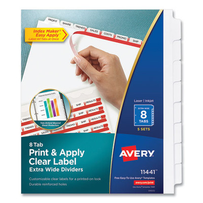 Print And Apply Index Maker Clear Label Dividers, 8 White Tabs, Letter, 5 Sets - VISAVE11441